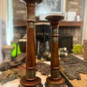 Elegant Wooden Candle Holders with Brass Accents